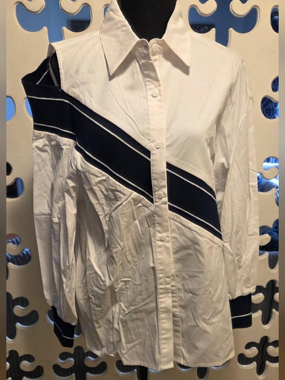 White and Navy Diagonal Stripe with One Cold Shoulder Top